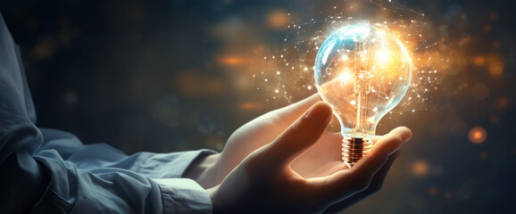 Wall Mural - hand holding creative blue light bulb with technology network icon. Entrepreneur pitching a business idea - stock photography concepts