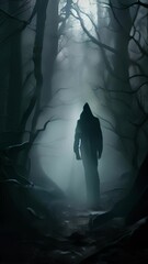 Wall Mural - closeup a dark forest, shrouded in mist and eerie stillness, holds secrets and creatures unknown. a 