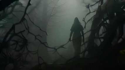 Wall Mural - closeup the thick fog seemed to swallow her whole, the eerie moans of unseen creatures sending chill