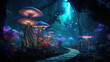Fantastic Alien Jungle With Alien Flora And Mutant Plants. Luminescent  Alien Jungle Landscape. Exploration Of Strange World In An Other Dimension. Generative AI