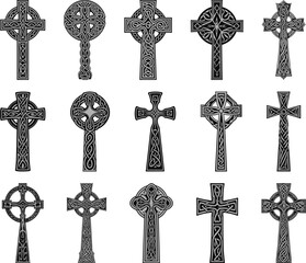 Wall Mural - Celtic crosses. Engraved ancient druid cross symbols, old scandinavian ornamental god signs isolated on white