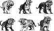 Tiger silhouettes. Roar tigers with bared fangs and open mouth adorable vector graphics