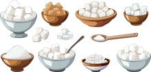 Sugar Cubes And Sand Pile In Bowls And Spoon. Cartoon Sweet Elements, Salt And Stevia. Sweetener Elements For Drink And Food Vector Clipart