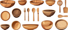 Various Wooden Kitchenware. Isolated Bowls, Spoon, Knife And Fork. Eco Crockery, Wood Kitchen Tools And Supplies. Vector Cooking Clipart
