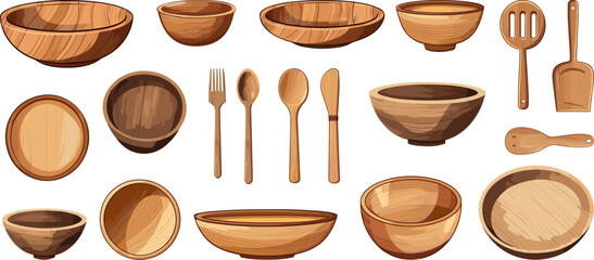 Various wooden kitchenware. Isolated bowls, spoon, knife and fork. Eco crockery, wood kitchen tools and supplies. Vector cooking clipart