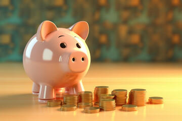 Poster - A piggy bank sits on top of a pile of coins. This image can be used to illustrate savings, finances, budgeting, or investments.