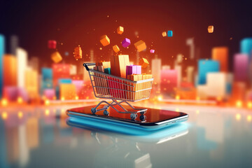 Poster - A picture of a phone with a shopping cart on top of it. Perfect for illustrating online shopping or e-commerce concepts.