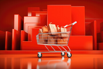 Poster - A shopping cart filled with books resting on the floor. Ideal for illustrating the concept of shopping for books or a library setting.