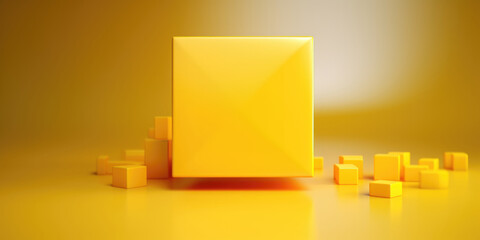 Poster - A yellow box is placed on a yellow surface and surrounded by cubes. This image can be used to represent concepts such as organization, uniqueness, creativity, and problem-solving.