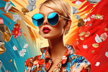 Poster - A stylish woman wearing sunglasses and a floral shirt. Perfect for fashion or summer-themed projects.