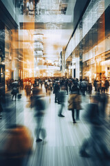 Poster - A large group of people is walking through a building. This image can be used to depict teamwork, a guided tour, or a crowded event.