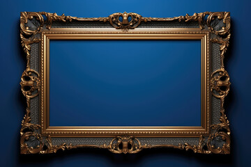 Poster - A gold frame is mounted on a vibrant blue wall. This image can be used to showcase artwork or to add a touch of elegance to any interior design project.
