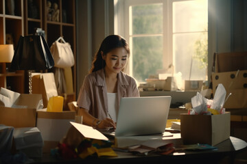 Poster - A woman is sitting at a table and working on a laptop. This image can be used to depict remote work, productivity, or technology in various contexts.