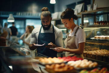 Poster - A man and a woman are seen looking at a tablet while in a bakery. This image can be used to depict people using technology in a food-related setting.