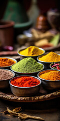 Poster - A collection of various spices displayed in bowls on a table. This image can be used to enhance food-related articles, recipes, or cooking blogs