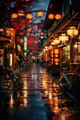 Poster - A picturesque street adorned with numerous hanging lanterns, creating a magical ambiance. Perfect for adding a touch of charm and warmth to any project or design