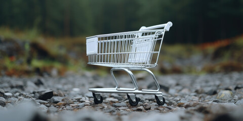 Poster - A shopping cart is seen sitting on top of a pile of rocks. This image can be used to depict concepts such as abandonment, waste, or unconventional storage solutions