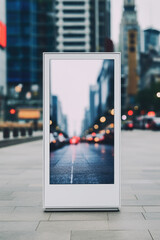Aufkleber - A picture frame sitting on the ground in front of a city street. Perfect for showcasing urban landscapes and city life.