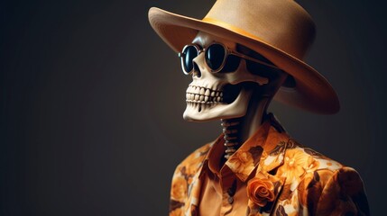 Wall Mural - Fashionable human skeleton model in stylish clothes, glasses and hat in trendy color combinations. Glamorous skeleton in yellow-gold clothes on a dark gradient background. With copy space. Close up