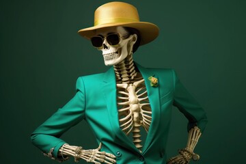 Wall Mural - Fashionable human female skeleton in stylish golden emerald clothes, glasses and a hat in trendy color combinations. Glamorous skeleton model on a dark green gradient background