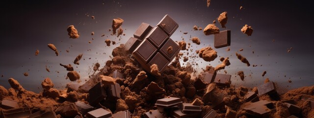 Wall Mural - Chocolate bar piece explosion chunk candy broken isolated milk cocoa fly white background. Break bar chocolate fall air food chip snack dark piece dessert black ingredient burst parts cacao sweet.