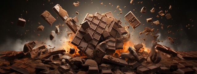 Wall Mural - Chocolate bar piece explosion chunk candy broken isolated milk cocoa fly white background. Break bar chocolate fall air food chip snack dark piece dessert black ingredient burst parts cacao sweet.