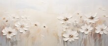 Blooming White Flowers Painted In Thick Impasto Style Layers Of Paint With Visible Palette Knife Marks And Broad Brush Strokes, Minimalist Abstract Spring Splendor.  