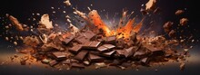 Chocolate Bar Piece Explosion Chunk Candy Broken Isolated Milk Cocoa Fly White Background. Break Bar Chocolate Fall Air Food Chip Snack Dark Piece Dessert Black Ingredient Burst Parts Cacao Sweet.