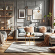 © Frank - Stylish Living Room. Modern Splash Vibes Interior Design Stylist.  Comfortable Sofa, Chair, Coffee Table, Wall Art, Gray Throw Scatter Rug. Green Plants. Sunlight from Large Window. Hump Day Organize