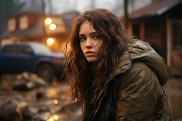 Young sad woman looking at natural disaster in city