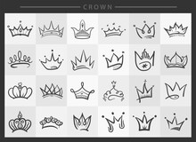 Doodle Crown. Line Art King Or Queen Crown, Beautiful And Luxury Decals Vector Illustration Set. Hand Drawn Royal Head Accessories Pack Stock Illustration