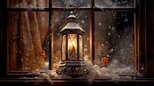 An Old Vintage Lantern Hangs Outside On A Snow-covered Window. Christmas Atmosphere