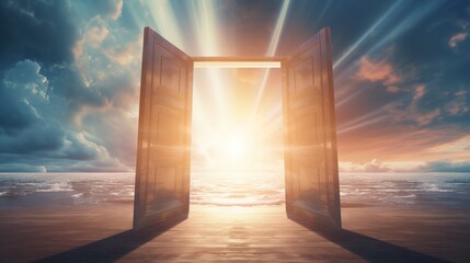 open door to heaven or paradise, new life or changes and opportunity concept, doorway to freedom