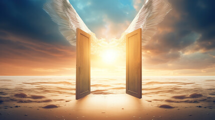 Wall Mural - open door to heaven or paradise, new life or changes and opportunity concept, doorway to freedom