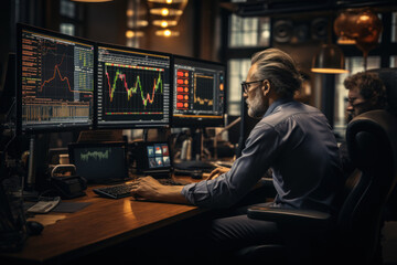 Poster - An investment strategy is meticulously crafted by a financial trade manager who delves into stock market indicators, charts, and financial data. Generative Ai.