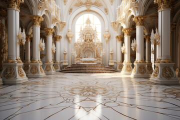 Poster - An opulent royal palace interior, crafted from fantasy white gold marble, evokes a sense of regality. This conceptual artwork captures the ambiance of a castle's interior. Generative Ai.