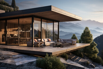 Poster - a modern villa, characterized by minimalistic design, stands amid majestic mountain vistas. glass wa