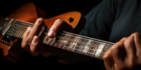 Wall Mural - Close-up view of the neck and frets of an electric guitar being played 