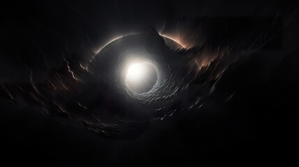 solar eclipse disk on black night sky, dark background with black hole wormhole