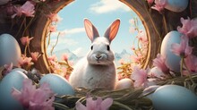 Illustration Of An Easter Bunny With Easter Eggs On A Sunny Spring Day