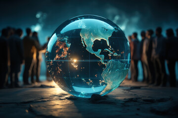 Poster - A globe encircled by people holding hands, signifying the unity and cooperation needed to address the challenges of international migration. Generative Ai.