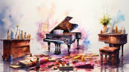 Wall Mural - Illustration of a piano in colorful watercolors, isolated on a white background