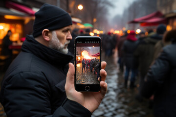 Aufkleber - A citizen journalist using a smartphone to document breaking news, highlighting the role of the public in reporting. Generative Ai.