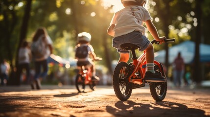 Energetic kids racing bikes and having fun in the park