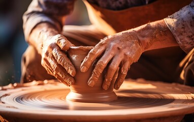 A potter in his workshop crafting a pot