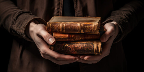 Two ands holding antique old books