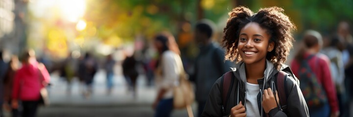 Banner of young black student, smiling walking into university