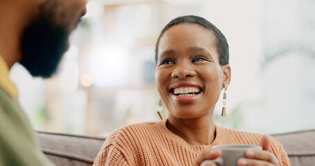 Poster - Coffee, conversation and happy woman at home on a living room sofa with a man and hot drink. Couple, tea and smile with communication and conversation together with love and support on a couch