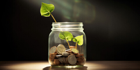 Green shoots of life coming out of a money jar.