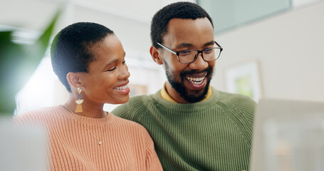 Wall Mural - Happy, home laptop and relax black couple reading, smile or watch social media video, blog or relationship news. Happiness, living room couch and African man, woman or marriage people check web info